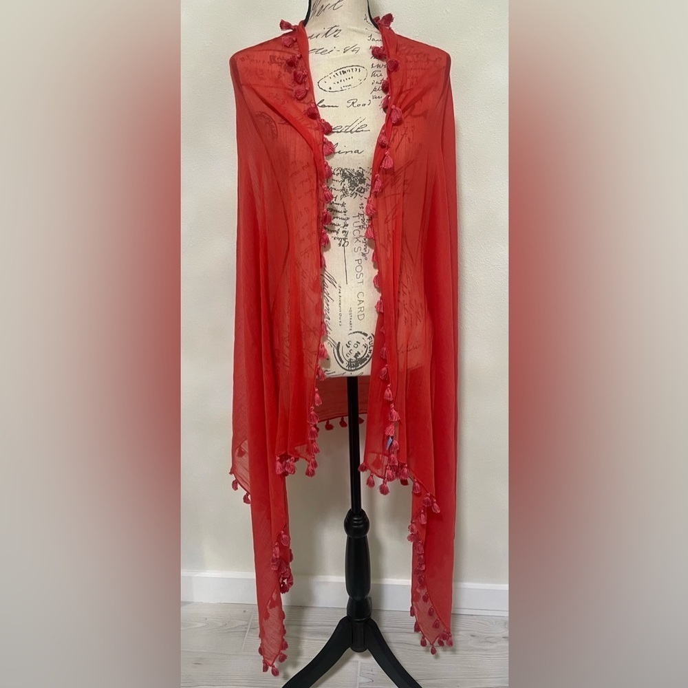 J.McLaughlin Red Sheer Wrap Scarves & Wraps with Tassel Trim